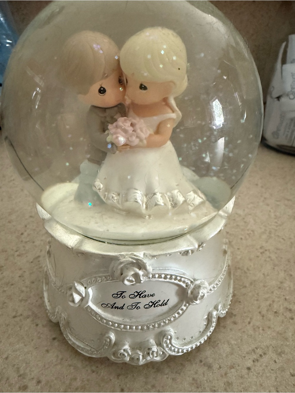 Precious Moments White and Pink Bride and Groom Snow Globe